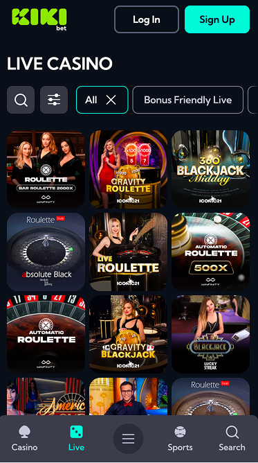 Kiki Bet Live Casino category showing Bar Roulette 2000x, Gravity Roulette, 360 Blackjack Midday, Absolute Black Roulette, Live Roulette and Live Blackjack tiles from Ezugi