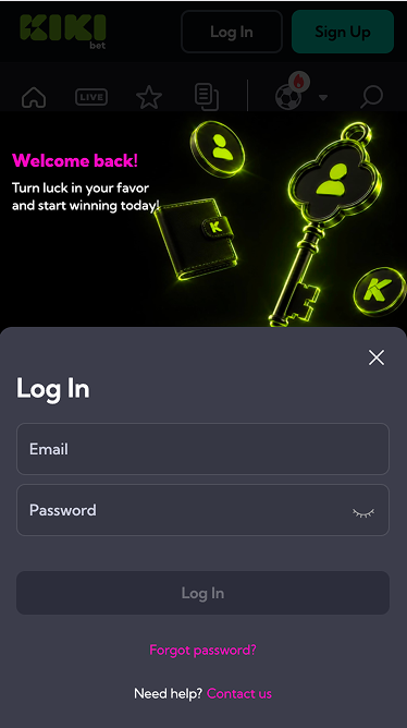 Kiki Bet log-in screen: Welcome back message, email and password fields, Log In button, Forgot password link and Contact us help link
