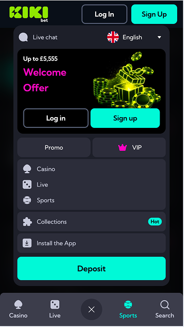 Kiki Bet mobile menu: Live chat, English language picker, Welcome Offer splash up to 5555 pounds, Casino, Live, Sports, Collections, Install the App and Deposit